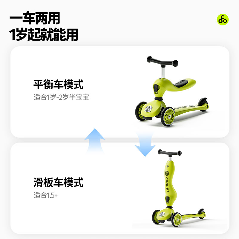 COOGHI酷骑小绿车二合一儿童滑板车1一3一6岁可坐宝宝学步平衡车