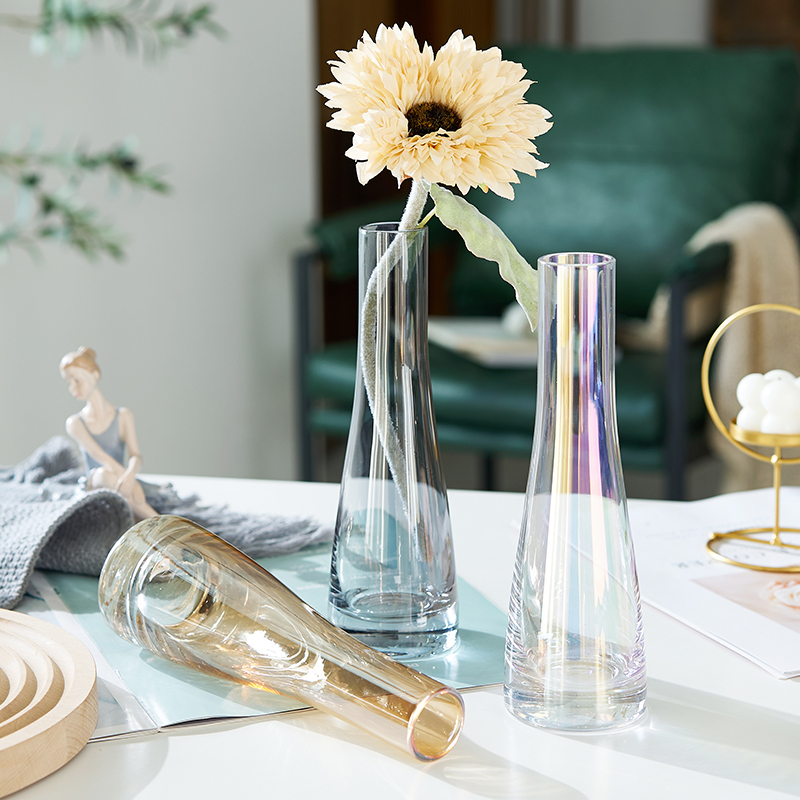 小清新玻璃透明小花瓶桌面插花玫瑰假花小口细长花器客厅迷你摆件