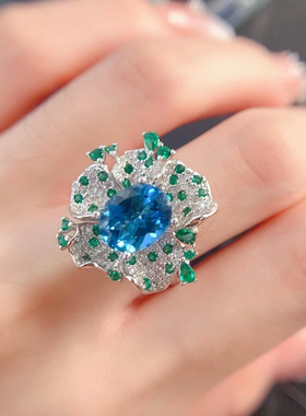 天然伦敦蓝托帕石豪华套装高端大气上档次花花款精工s925银镶嵌