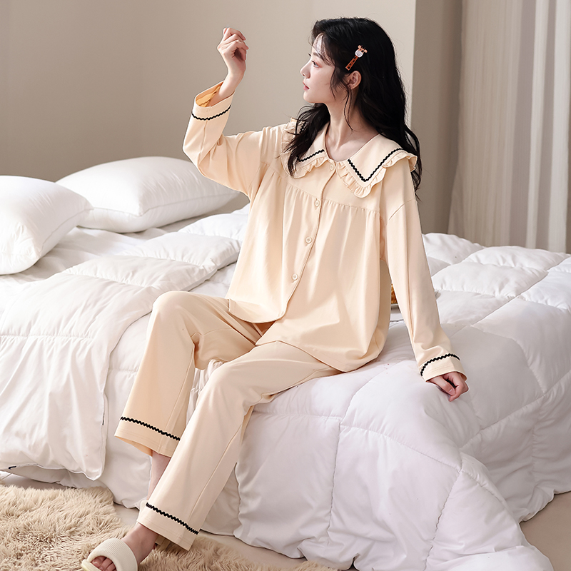 猫人女士睡衣纯棉春秋季2025新款简约纯色女款全棉家居服套装外穿