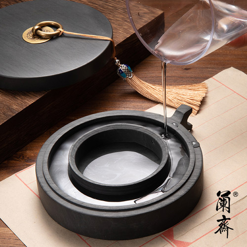 升级款双圈保湿防蒸发不干墨砚台毛笔墨水书法专用带盖墨盒墨台墨盘磨墨素砚墨碟墨汁火锅砚可磨墨天然原石 - 图1