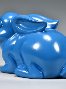 蓝色木雕兔子摆件十二生肖吉祥物