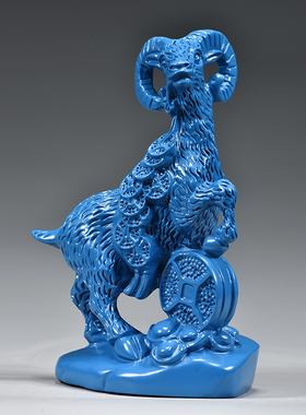 蓝色木雕刻羊摆木头羊动物装饰品