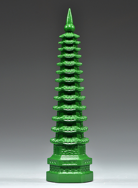 绿色木质雕刻13层文昌塔摆件