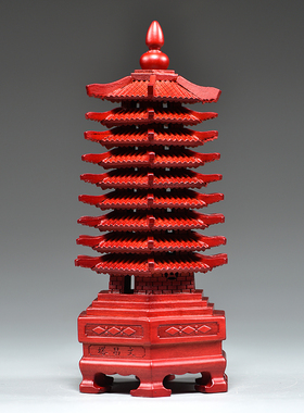 红色桃木质雕刻9层文昌塔摆件