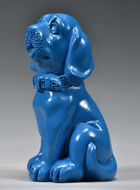 蓝色木质小狗雕刻摆件木制十二生肖木头狗装饰工艺品房屋缺角补角