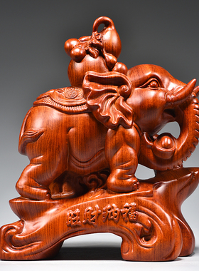 实木雕大象摆件一对客厅