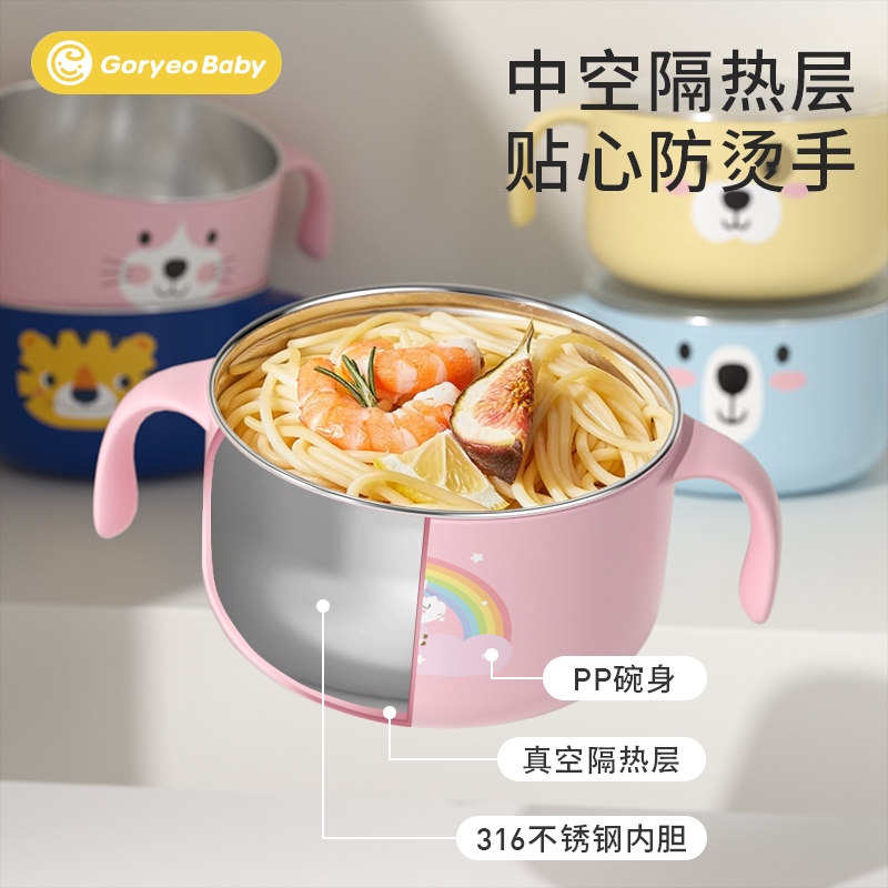 儿童汤碗带把手双耳防烫小学生一年级316不锈钢勺筷饭盒餐具套装