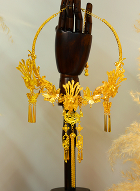 新款中式新娘全金色复古重工古典凤凰蝴蝶流苏传统秀禾龙凤褂配饰