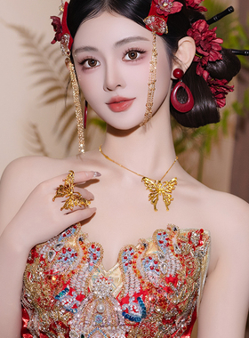 新中式项链戒指套装金色蝴蝶凤凰结婚龙凤褂新娘古风配饰实用首饰