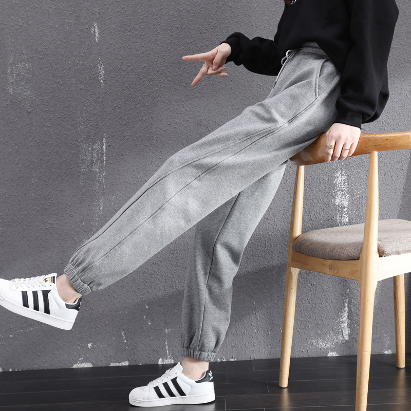 加绒宽松束脚秋冬季黑色显瘦卫裤 漫在路上休闲裤