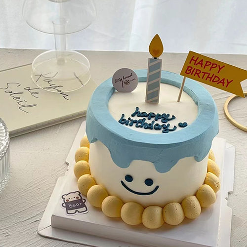 简约ins风笑脸蛋糕蓝色蜡烛五彩happy插牌摆件英文模具装饰烘焙台 - 图0