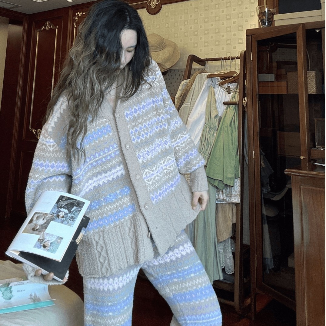 ins简约风复古风条纹加绒加厚保暖睡衣女秋冬新款2026家居服套装,淘宝优惠券,粉丝福利购,淘宝优惠卷