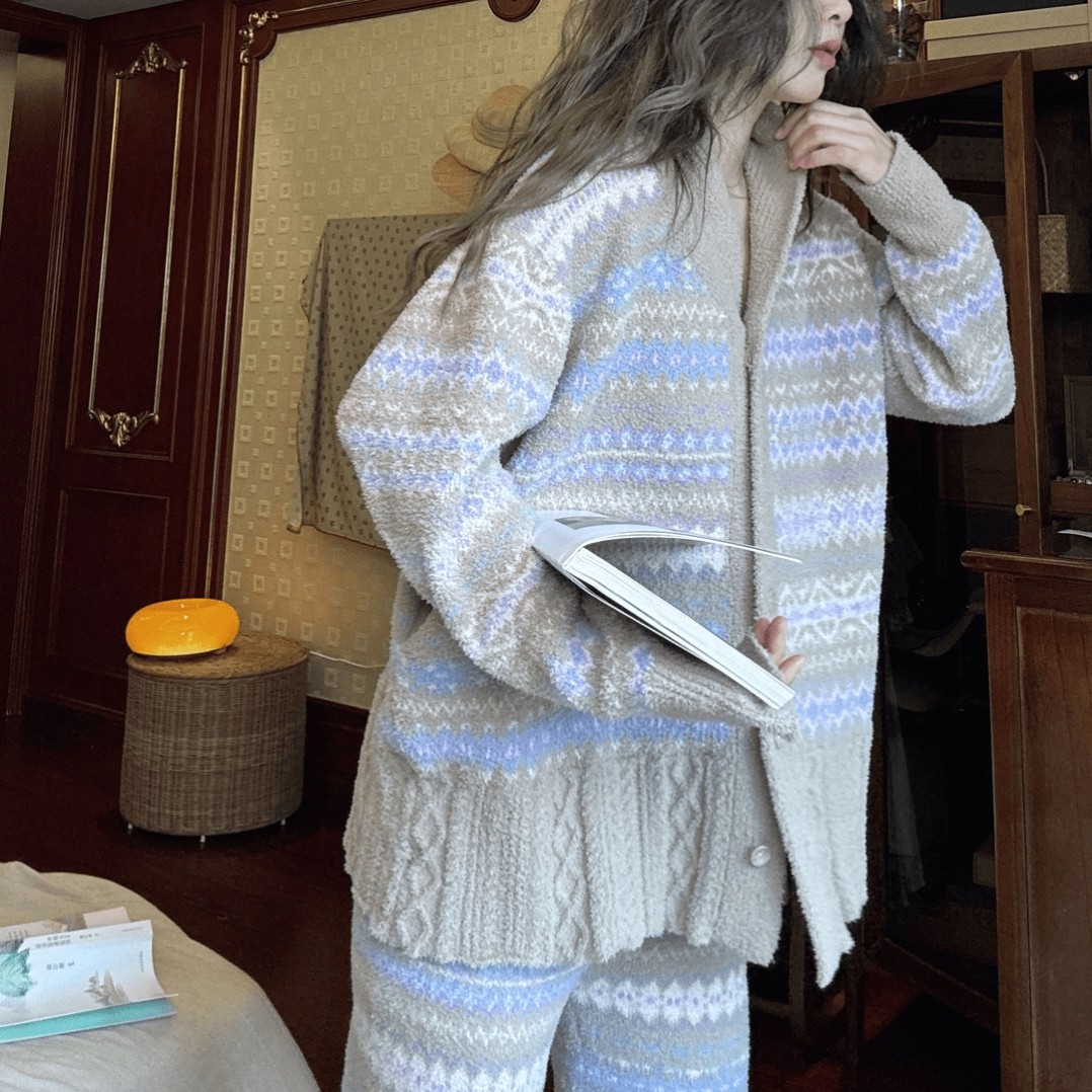 ins简约风复古风条纹加绒加厚保暖睡衣女秋冬新款2026家居服套装,淘宝优惠券,粉丝福利购,淘宝优惠卷