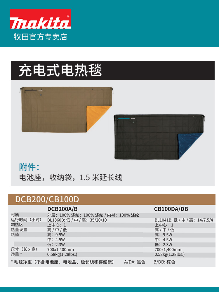 makita牧田保暖毯DCB200A充电式电褥子18V充电电热毯CB100D-图1