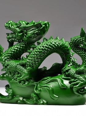 绿色木头龙摆件木质飞龙木雕刻龙补角青龙客厅玄关新居开业工艺品