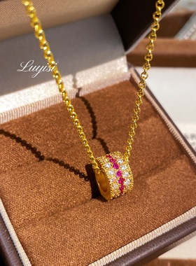 新中式轻奢闪动蔷薇红刚玉路路通吊坠项链高级感三排钻红宝锁骨