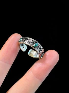 复古交叉麻花戒指男潮个性冷淡风绿钻食指戒时尚百搭仿泰银开口戒