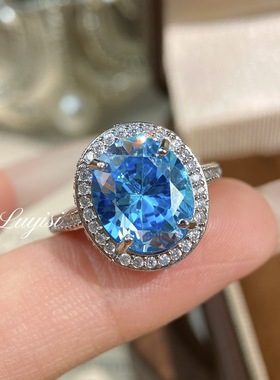 时尚轻奢浪漫氛围感薄荷味帕拉伊巴戒指简约百搭满钻椭圆锆石戒指