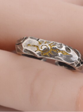 复古许愿石戒指男个性潮流冷淡风拼色食指戒时尚仿泰银开口指环