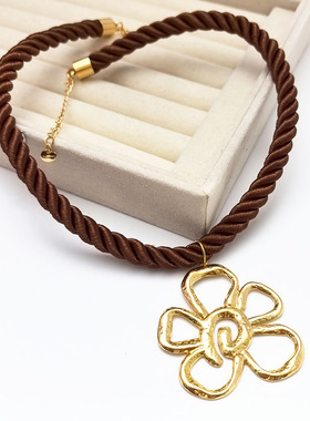 欧美新款彩色编织绳夸张几何太阳花镀18K金不锈钢吊坠女士项链