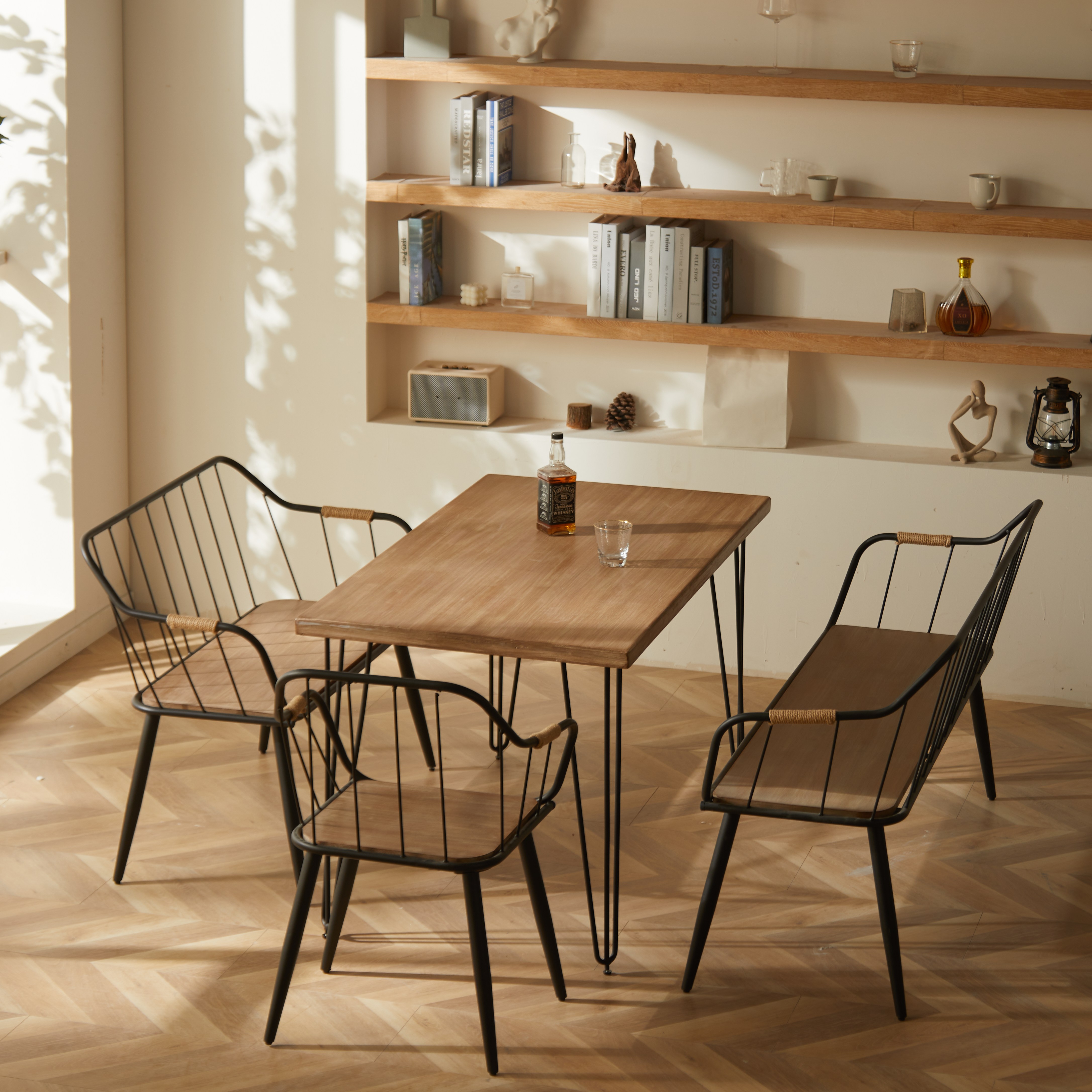 灿洋现代简约组装实木家用靠背餐椅电脑椅餐厅铁艺沙发椅休闲椅子 - 图0