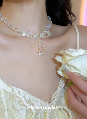 夏季超仙水晶蝴蝶结项链东大门小众轻奢锁骨链气质高级感项饰小众