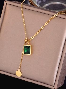 复古祖母绿黑色几何方块拼接项链锁骨链小众可调节冷淡风钛钢颈链