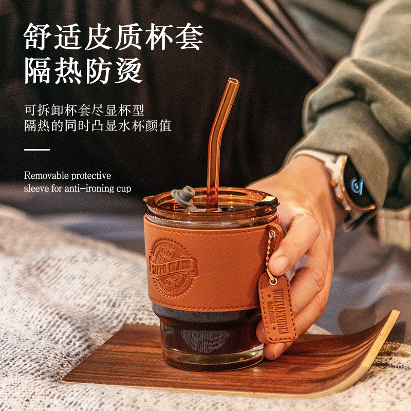 zippo玻璃水杯女带吸管咖啡杯新款2024泡茶杯子办公室复古随行杯