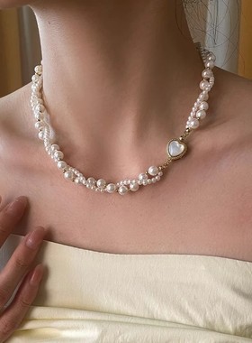 爱心贝母扣双层施家珍珠项链饰品女小众串珠交叉设计感秋冬毛衣链