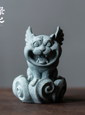 碌心青砂石国潮福虎添亿茶宠摆件