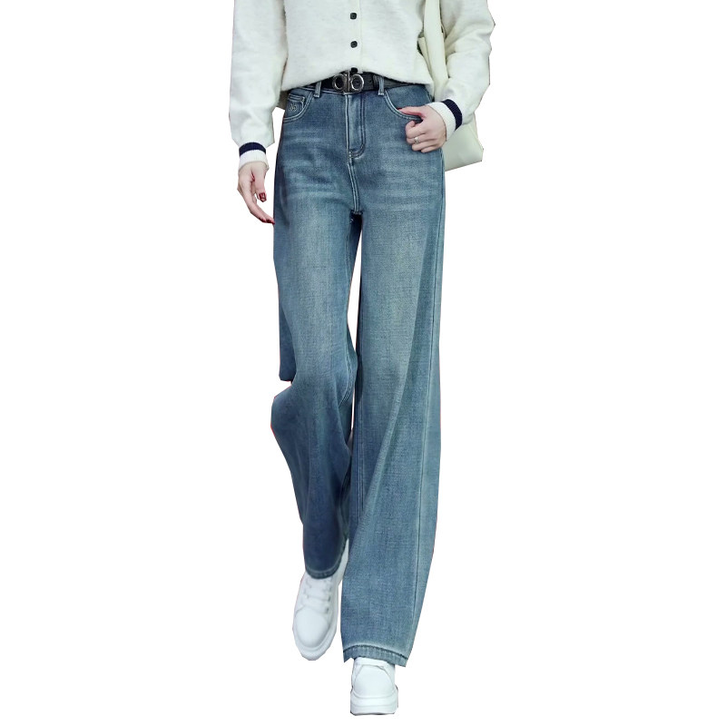 浅蓝色阔腿牛仔裤女秋冬加绒加厚2025新款高腰宽松垂感直筒裤子冬,淘宝优惠券,粉丝福利购,淘宝优惠卷