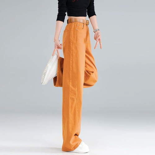 橙色软牛仔弯刀裤女春季2026新款高腰显瘦慵懒风直筒阔腿裤子春秋 - 图0