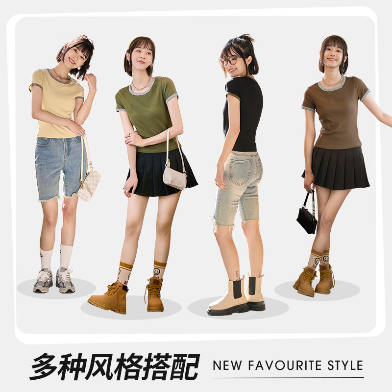 女装正肩短袖t恤女小圆领辣妹上衣
