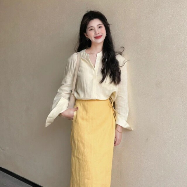 French high-end long-sleeved shirt and yellow tie skirt