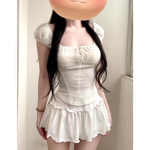 Korean style sweet square neck top high waist slimming skirt
