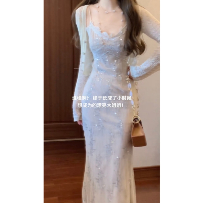 韩系高级感穿搭套装女夏季蕾丝修身v领吊带连衣裙+长袖针织开衫潮 - 图1