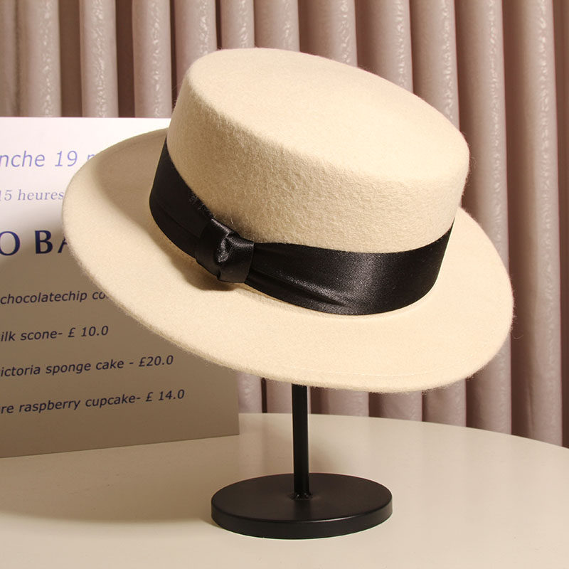 秋冬黑色平沿英伦复古法式羊毛毡帽 古仙蔓帽子