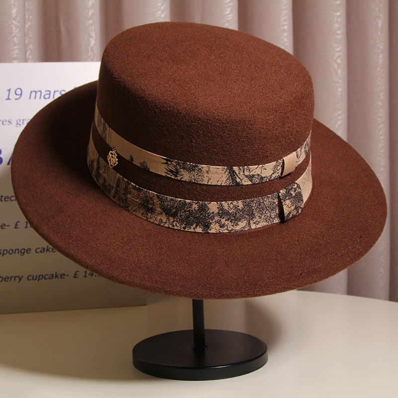 中国风水墨画织带英伦复古毛呢礼帽女秋冬时尚百搭宽檐黑色爵士帽,淘宝优惠券,粉丝福利购,淘宝优惠卷