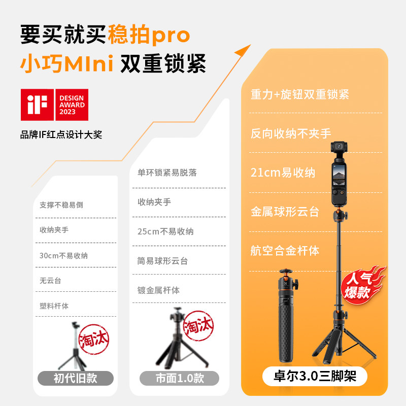 卓尔适用DJI大疆pocket3三脚架手持自拍杆可延长落地支架口袋云台运动相机手机桌面迷你便携伸缩三角架配件架,淘宝优惠券,粉丝福利购,淘宝优惠卷