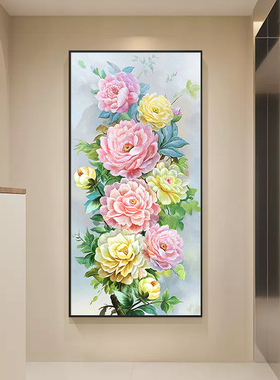 牡丹花手绘油画入户玄关装