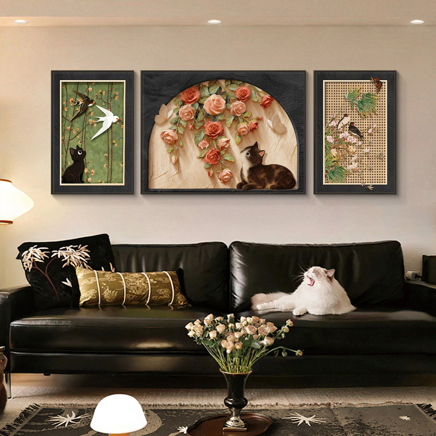 中古风猫咪客厅挂画高级感法式复古花卉沙发背景墙装饰画玫瑰壁画,淘宝优惠券,粉丝福利购,淘宝优惠卷