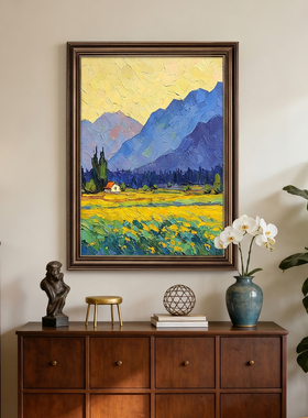 背有靠山入户玄关装饰画法式风景客厅挂画中古风肌理感正对门壁画
