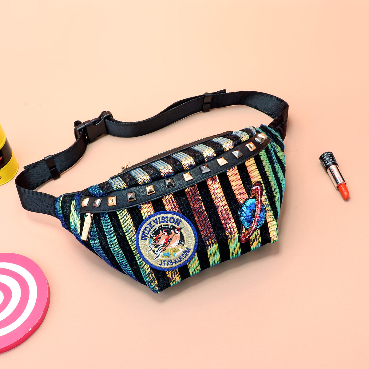 jtxs幻彩亮片女斜跨百搭小前胸包 jtxs箱包胸包