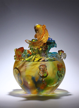 威弗列德琉璃工艺品如鱼得水聚宝盆水晶锦鲤摆件轻奢高档招财聚财