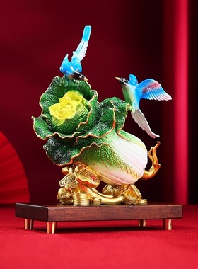 黄铜喜得百财喜鹊白菜桌面摆件