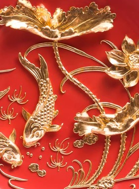 威弗列德漆线雕年年有余金箔工艺品客厅装饰品送领导礼物高档礼品