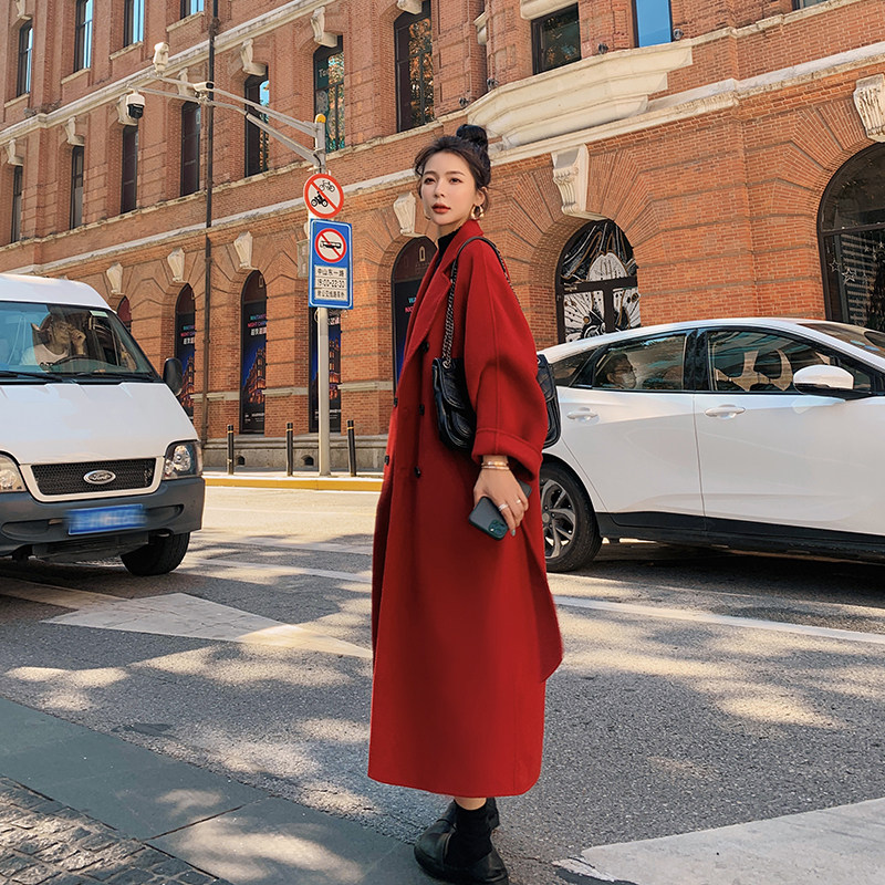红色毛呢西装外套中长款2020冬季 宣佩毛呢外套