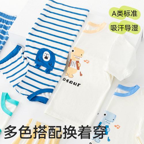 儿童睡衣男孩夏季薄款莫代尔家居服套装女童短袖宝宝凉感空调服 - 图1
