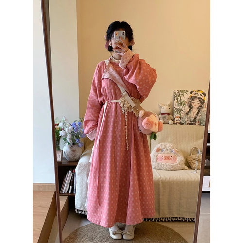 青泠谷原创汉服浓郁色小桃花双面圆领袍 - 图3